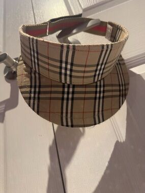 Burberry Tan Black Red Plaid Visor with Logo Plaque